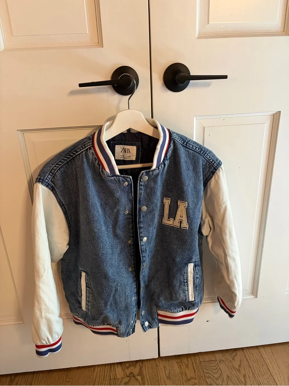 Zara Blue Denim & White Sleeve Kids Varsity Bomber Jacket ♻️🪩